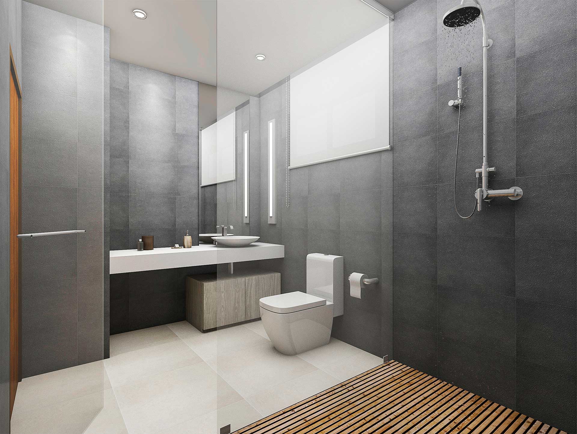 Bathroom with a normal size shower, a white square toilet and a sink with a white counter, floors are white and the faience is dark grey