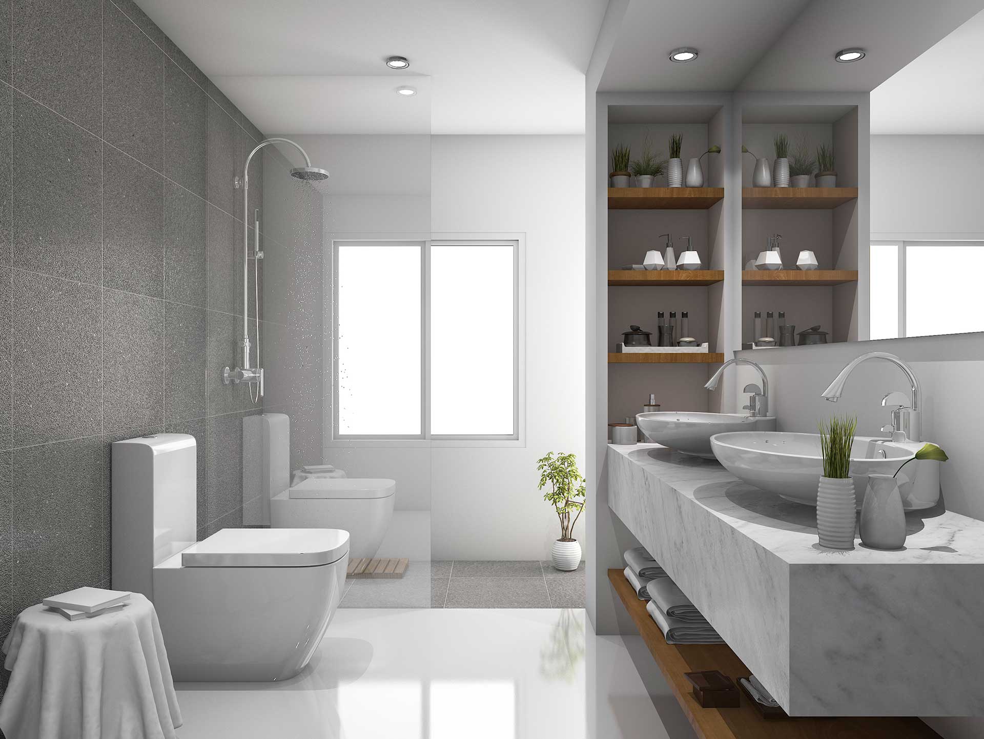 Modern bathroom with large shower, white toilet and double sink with marble counter and wood-like storage space underneath and on the side