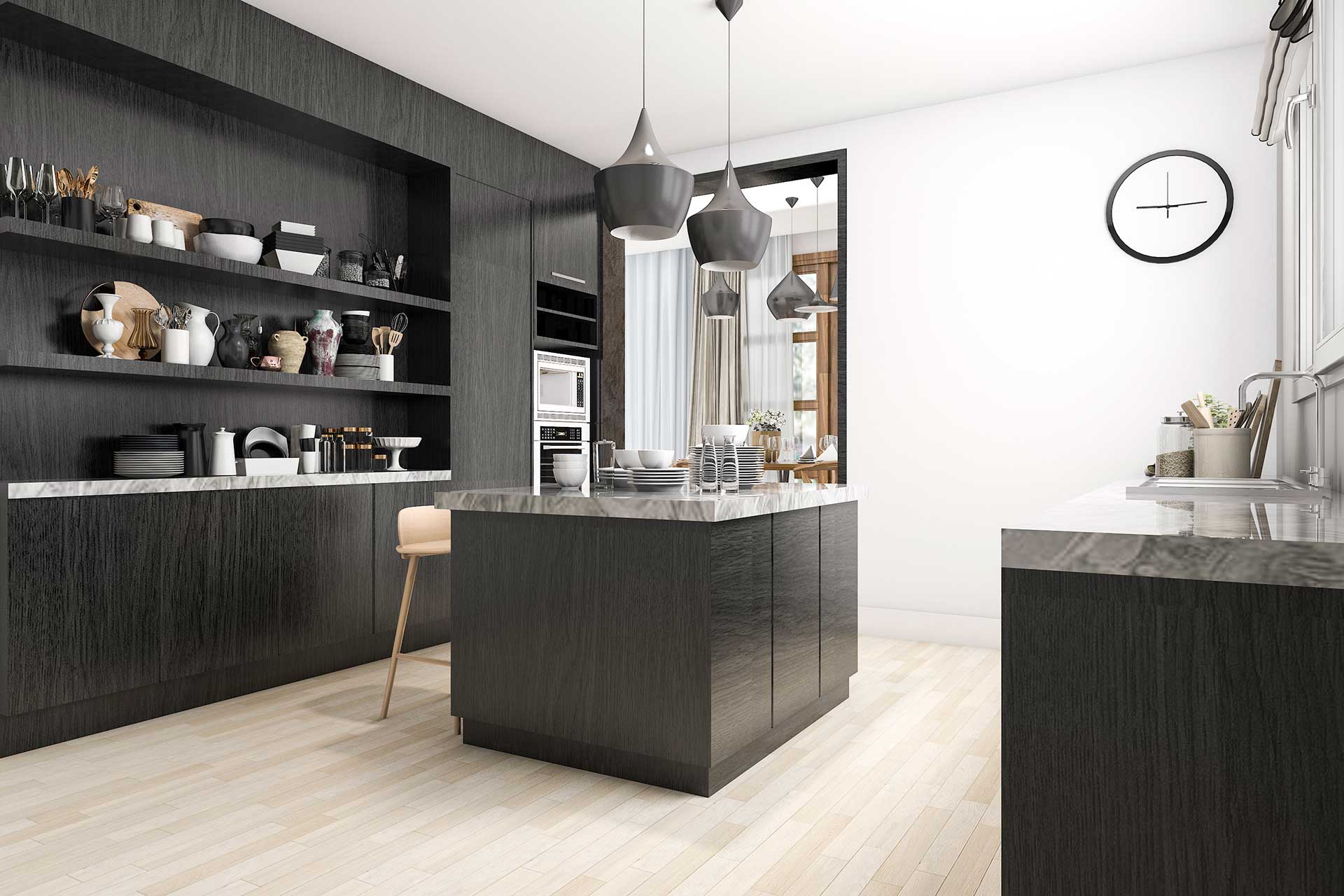 Modern looking kitchen with wood-like black cabinets and grey marble counters and an island with high chairs